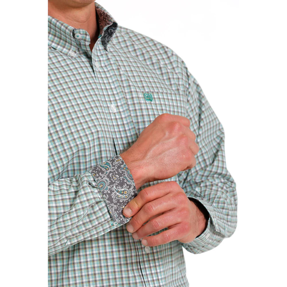 Cinch Mens Green White Brown Check LS Shirt - Image 3